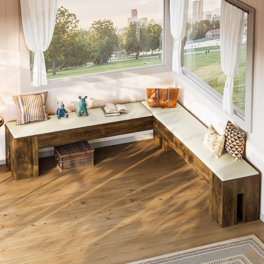 Tribesigns L-Shaped Bench with Cushion, 61-Inch Farmhouse Corner Dining Bench, Kitchen Breakfast Nook Bench for Dining Room, Entryway, Cloakroom, White and Brown