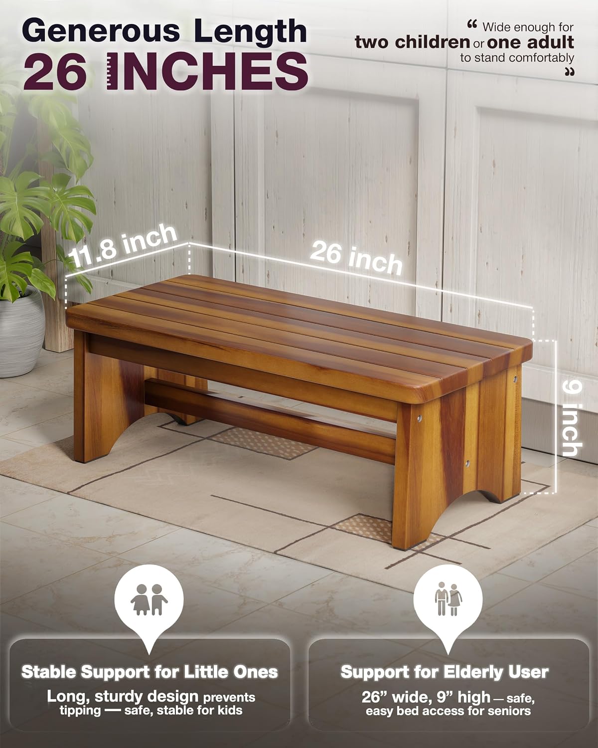 FANATU Extra Wide 26in Wooden Step Stool, Heavy Duty, Holds Up to 550 lbs | Reinforced Crossbar, Non-Slip Feet And Water-Resistant Finish Provide Stable Support For Reaching Shelves And Cabinets