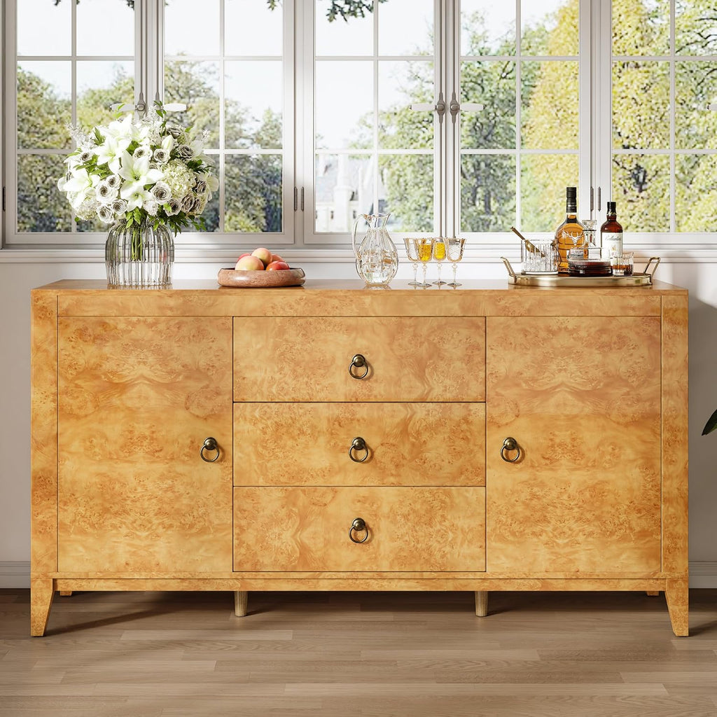 AMERLIFE 60" High Gloss Burl Buffet Sideboard Storage Cabinet, Large Wood Sideboard with Drawers, Retro Handles, Heavy Duty Coffee Wine Bar Buffet Table for Dining Room, Living Room, Yellow
