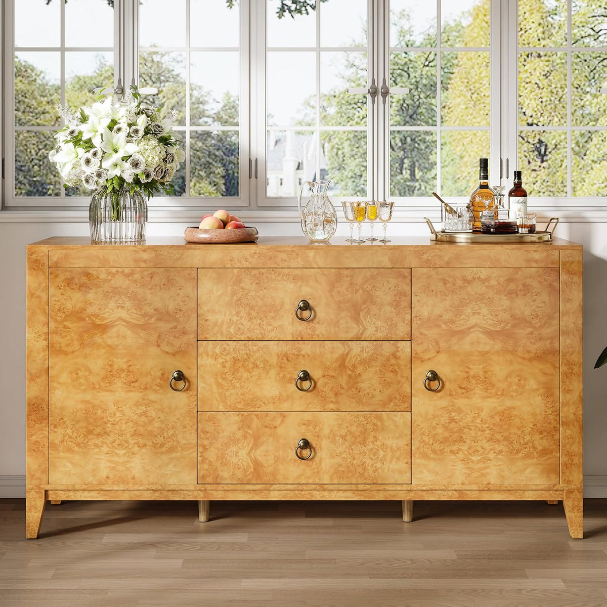 AMERLIFE 60" High Gloss Burl Buffet Sideboard Storage Cabinet, Large Wood Sideboard with Drawers, Retro Handles, Heavy Duty Coffee Wine Bar Buffet Table for Dining Room, Living Room, Yellow
