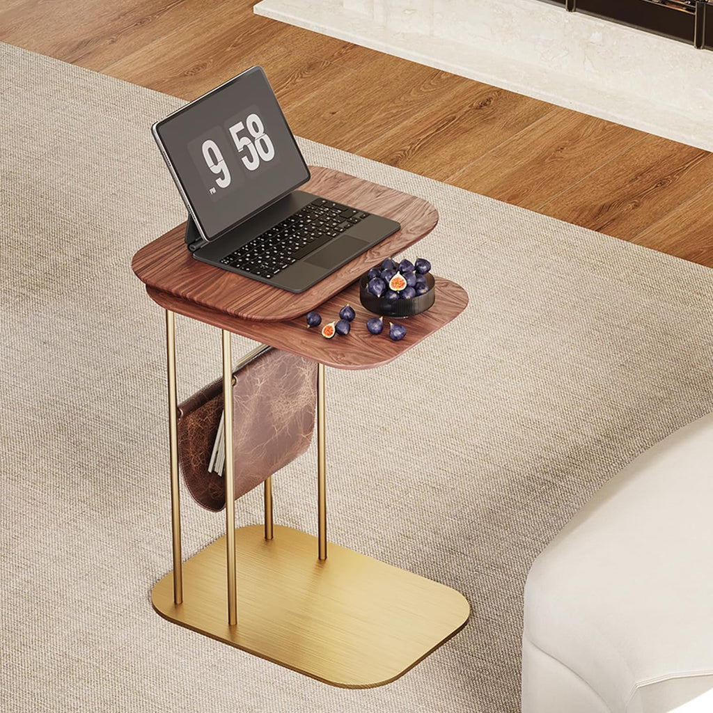 LOVEDIMA C-Shaped Walnut & Gold Rotating Side Table with Storage - 360° Swivel Top,Built-in Magazine Rack,Modern End Table for Sofa/Bedside