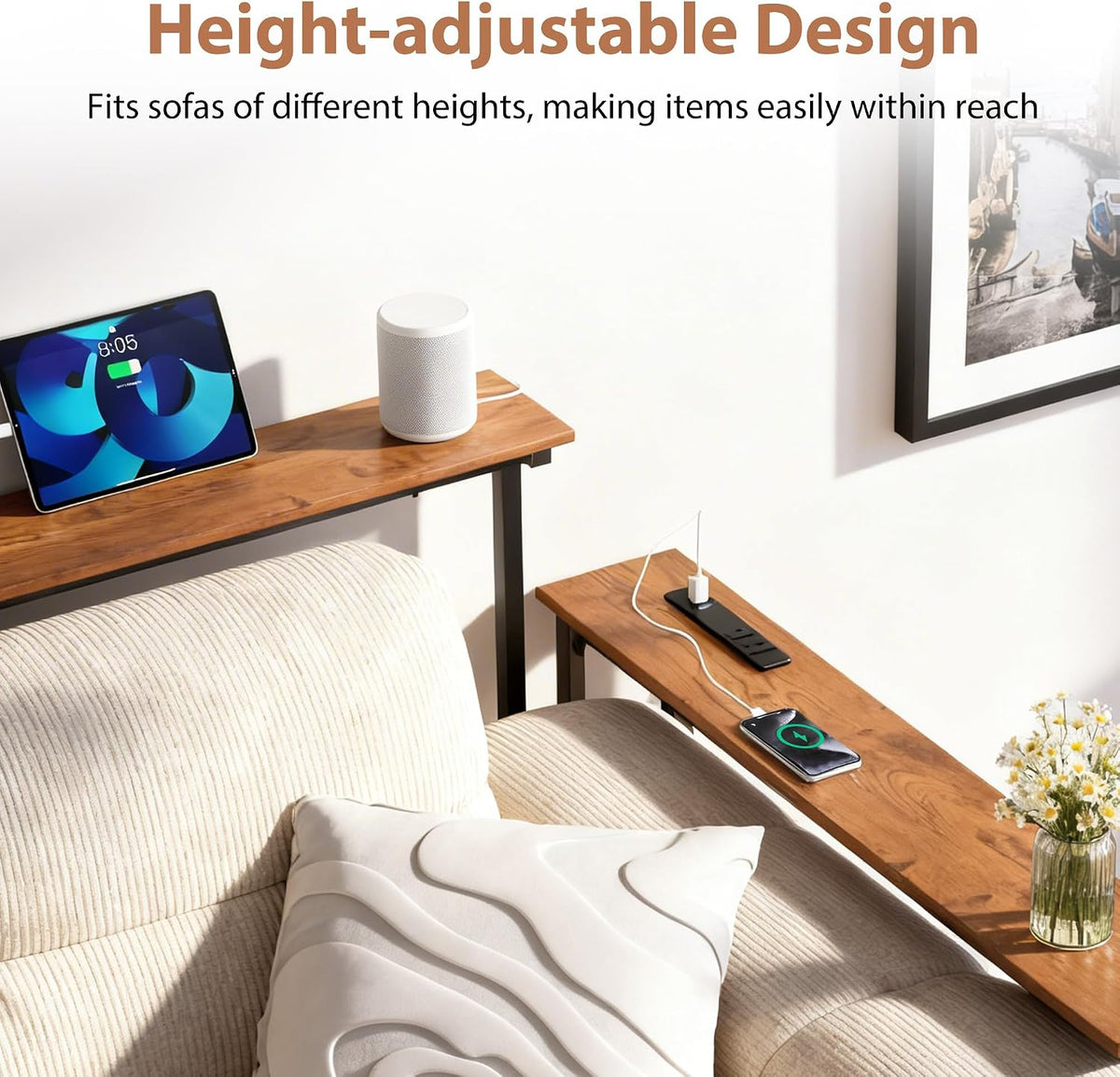 Adjustable Height Narrow Sofa Table with Built-in Power Outlets, 70" Long Console Table Behind Couch Table with Charging Station Skinny Entryway Table for Living Room & Hallway (Rustic Brown)