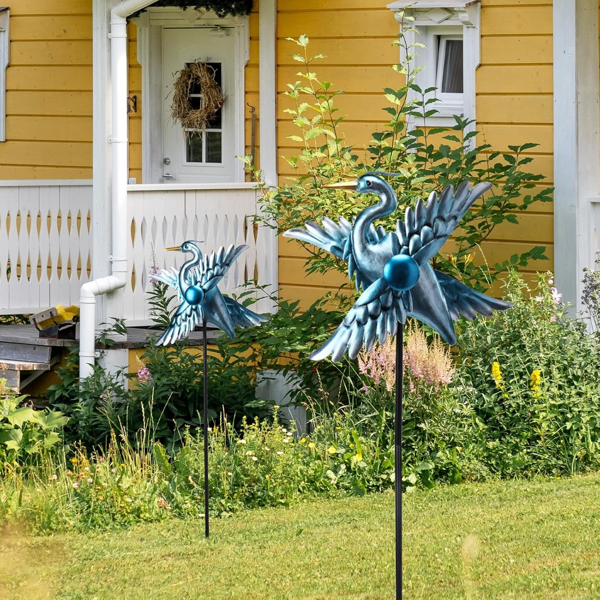 WONDER GARDEN Wind Spinners Outdoor - 2 Pack Small Metal Heron Wind Spinner Windmill, Wind Sculpture for Yard Patio Lawn Decor