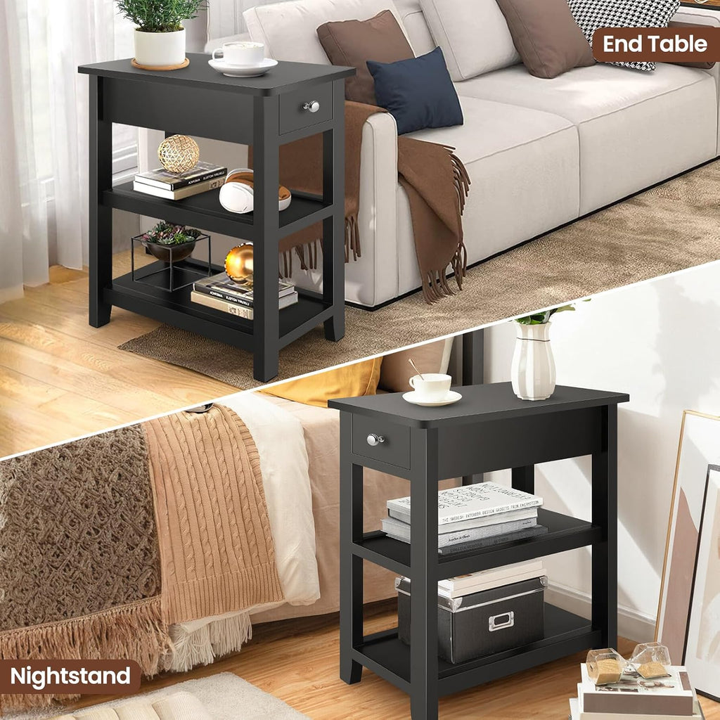 Homdox Narrow Side Table, 3 Tier Sofa End Table with Drawer and Shelf for Living Room, Wooden Nightstand with Storage for Small Spaces, Black