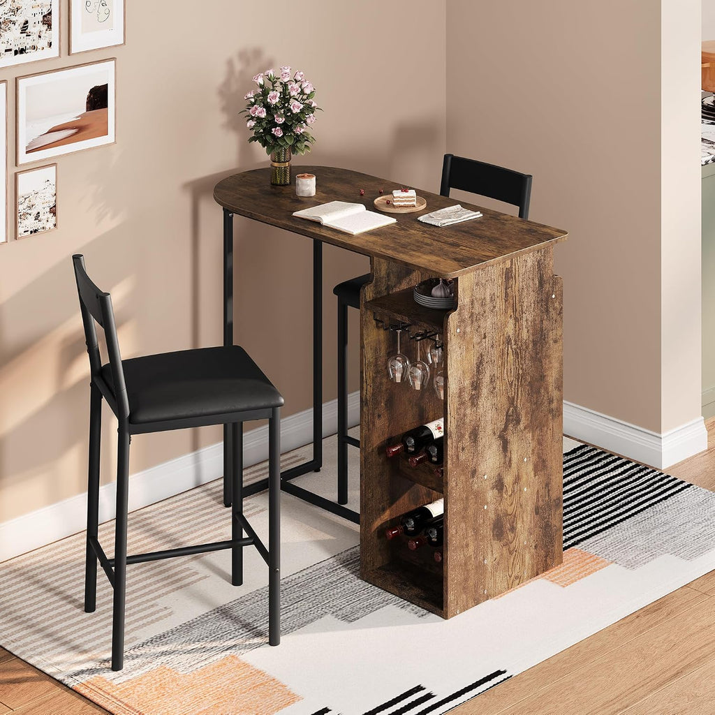 Retro Bar Table Set with 2 Chairs, Semi-Circle Kitchen Counter Dining Set | Wood-look tabletop, cozy seating, space-saving design for home bars, kitchens, apartments, and breakfast corners