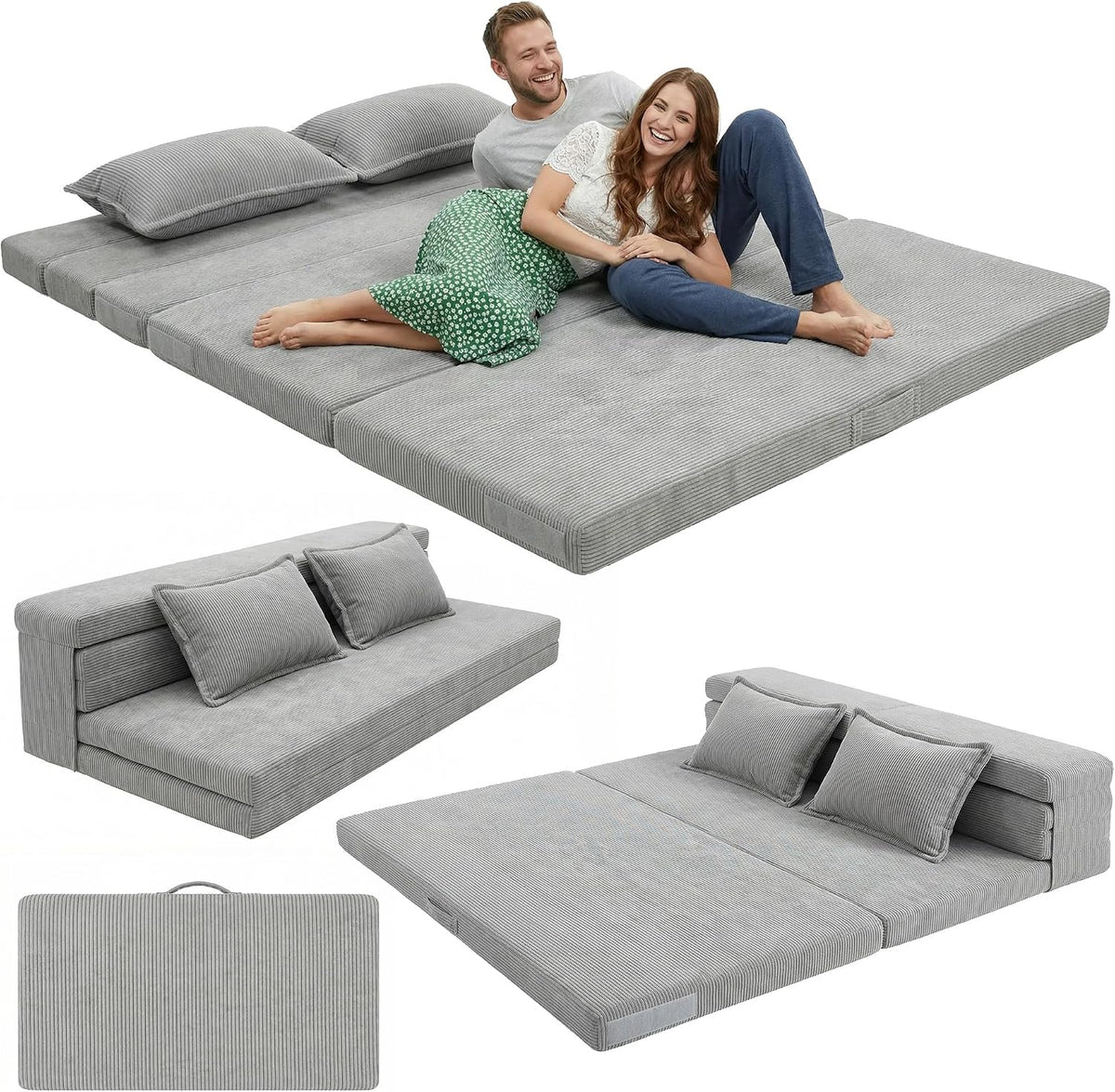 Tri-Fold Futon Mattress, Foldable Japanese Floor Sleep Mattress, High-Density Foam Tatami Bed Mat with Corduroy Cover, Floor Bed Mat for Couples, Guest Use (Charcoal Gray,Queen)