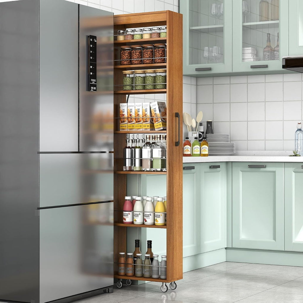 KEIKI 7 Tier Pull-Out Kitchen Pantry Storage Cabinet, Multi-Tier Single-Sided Open Shelf, Spice Rack Next to Fridge, Wood Hutch Food Pantries Cupboard for Coffee Bar, Dining Room, Narrow Spaces