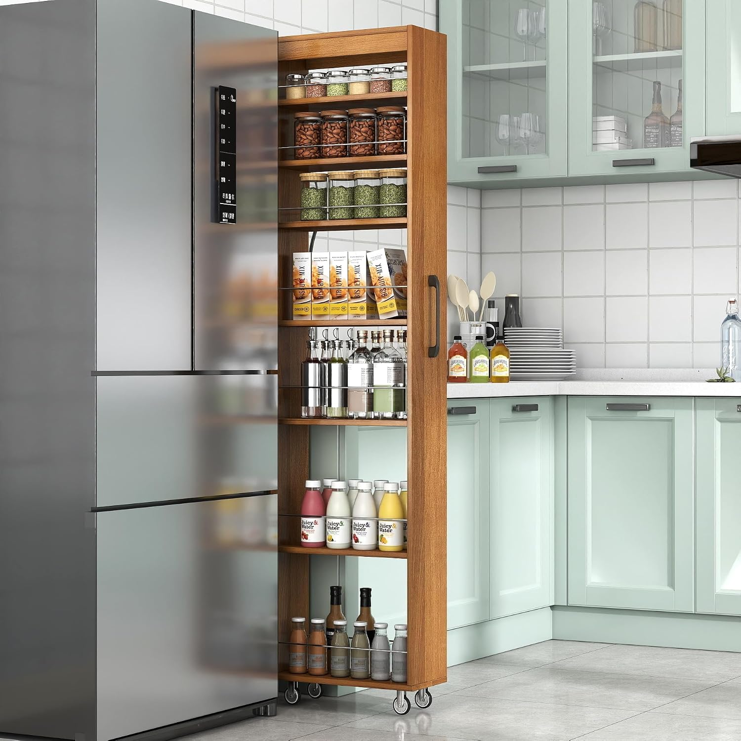 KEIKI 7 Tier Pull-Out Kitchen Pantry Storage Cabinet, Multi-Tier Single-Sided Open Shelf, Spice Rack Next to Fridge, Wood Hutch Food Pantries Cupboard for Coffee Bar, Dining Room, Narrow Spaces