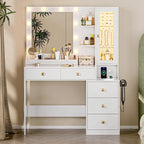 HUANLEGO Vanity Desk with Mirror and Lights, White Makeup Vanity Mirror with Lights Desk with 5 Drawers, Jewelry Organizer& LED Glass Cabinet, 3 Light Mode Dressing Table Set for Girls, Women