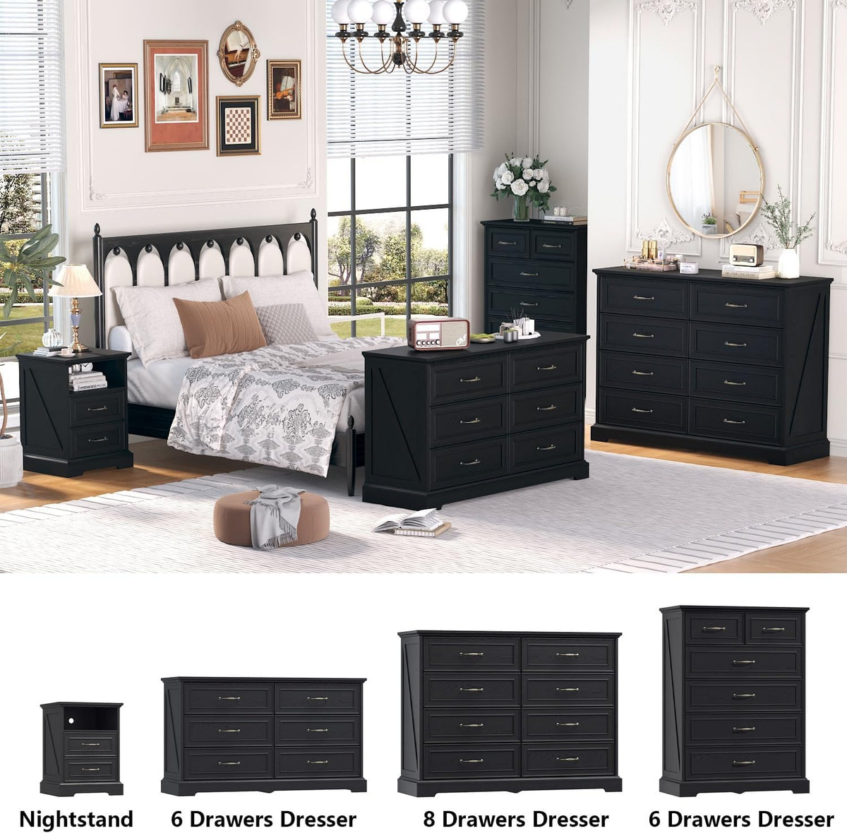 Nightstand with Charging Station,18" Wide End Table with 2 Large Drawers & Metal Handles,Rustic Farmhouse Wood Small Dresser,Bedside Table,Modern Chest of Drawers for Bedroom,Living Room,Black
