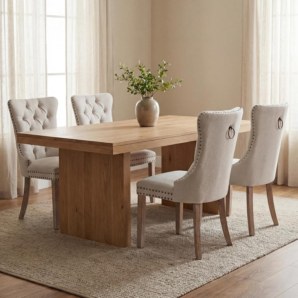 Beige Linen Dining Chairs Set of 4, Fabric Upholstered Kitchen & Dining Room Chair, Tufted Mid Century Modern Dinning Room Chairs, High Back, Wood Legs, Sillas de Comedor