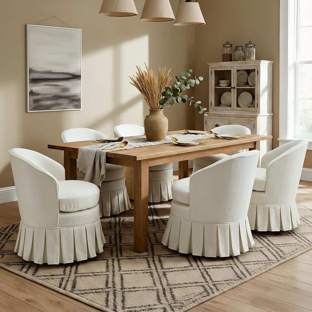 chairus Upholstered Dining Chairs Set of 2, Linen Barrel Dining Room Chairs with Pleated Skirt & Metal Legs, Modern Farmhouse Slipcovered Side Kitchen Chairs, Cream White