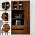 71" Tall Kitchen Pantry Cabinet with Storage, Farmhouse Kitchen Storage Cabinet with 4-Tier Side Shelf & 2 Drawers, Freestanding Cupboard with Glass Door and Microwave Stand for Dining Room, Walnut