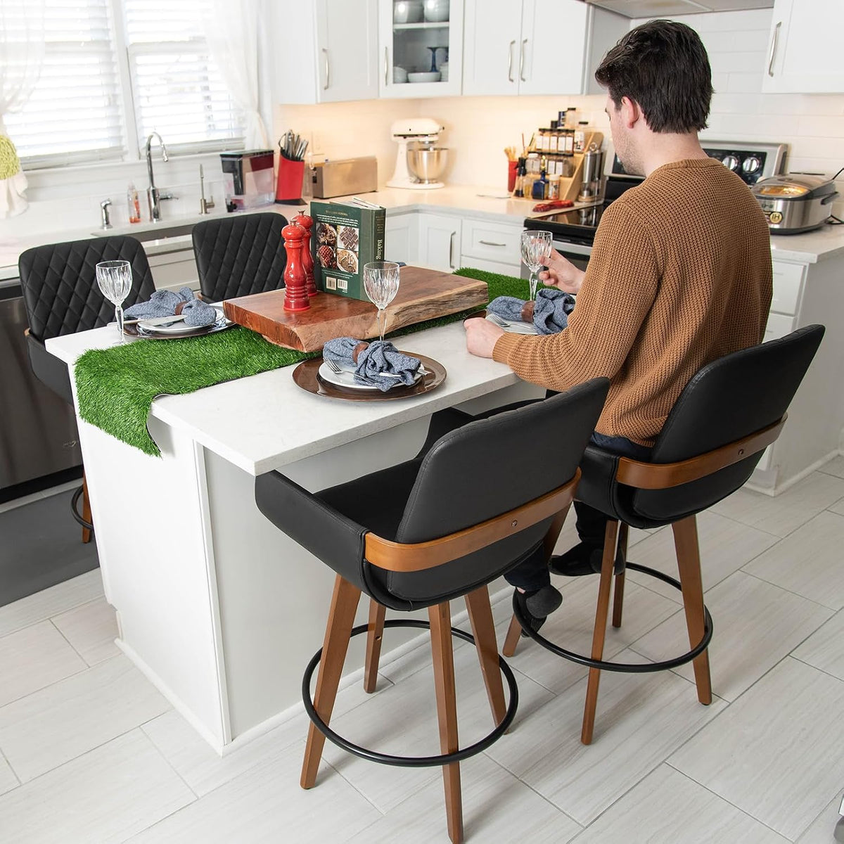 Swivel Counter Stool Set of 1 with Walnut Finish and Bamboo Legs, 26.3 Inch Counter Height Mid-Century Counter Stool with Curved Back and Armrests, Faux Leather Seat, Kitchen Island Seating, Brown