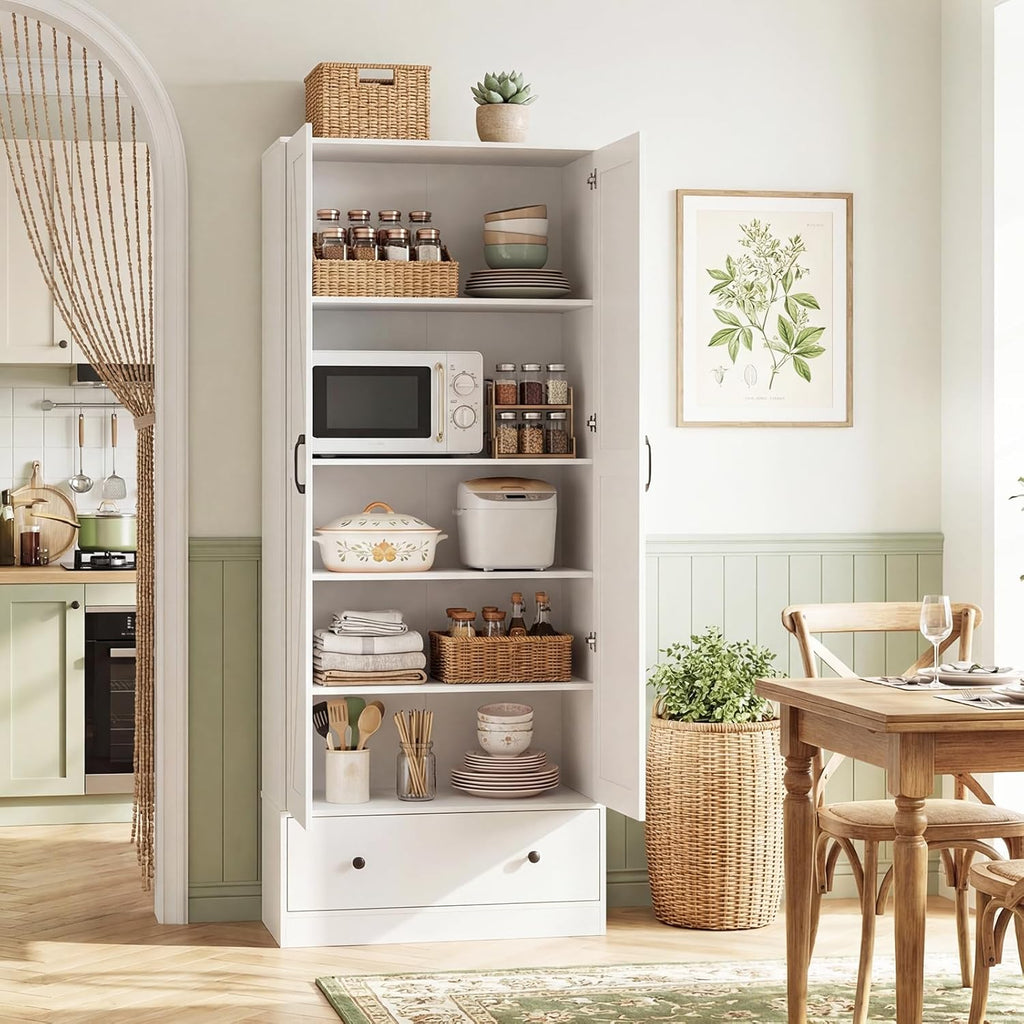 Giantex 72" Tall Kitchen Pantry Cabinet, Farmhouse Wooden Cupboard w/ 2 Doors, Drawer & Adjustable Shelves, Freestanding Versatile Storage Cabinet for Dining Room Living Room Bathroom (White)