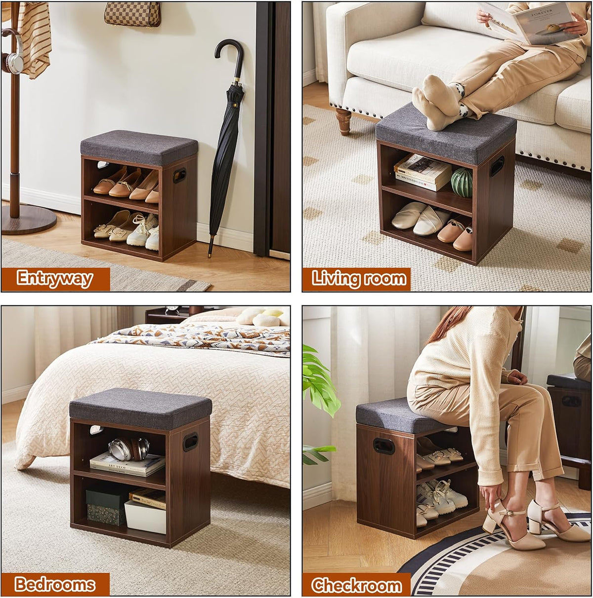 YMYNY Small Shoe Storage Bench with Cushion, 2 Tier Entryway Bench with Shoe Storage, Shoe Rack Bench for Entryway, Living Room, Hallway, Closet, Bedroom, 15.4L*11W*16.54H, Light Walnut HBD028LW