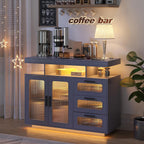 Dystler Coffee Bar Cabinet with Storage, Modern Buffet Cabinet with 3 Drawers and 2 Doors, Sideboard Buffet with Charging Station and Lights, Grey