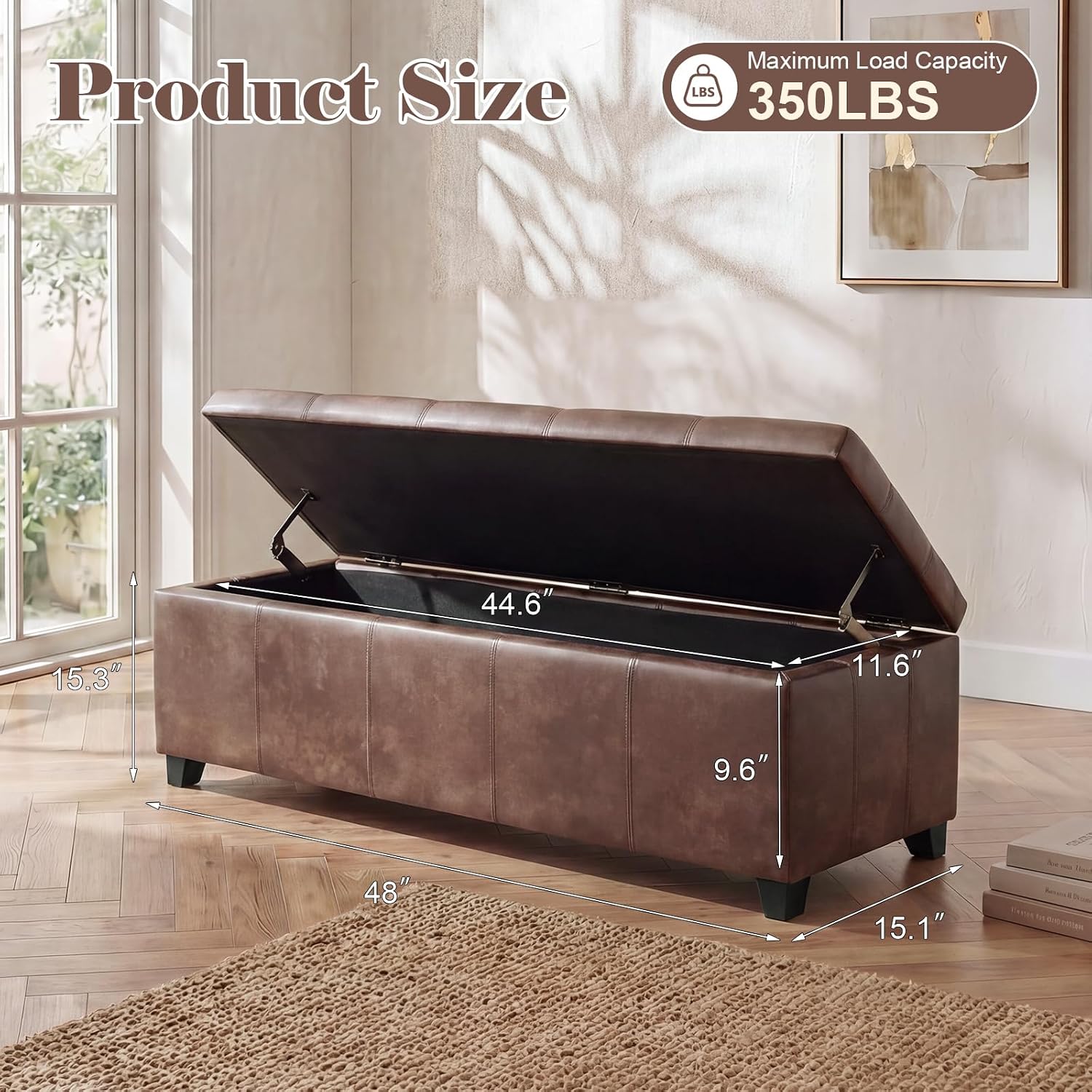 Homebeez 48" Faux Leather Storage Ottoman,End of Bed Bench,Upholstered Ottoman Bench with Storage for Living Room,Bedroom,Entryway