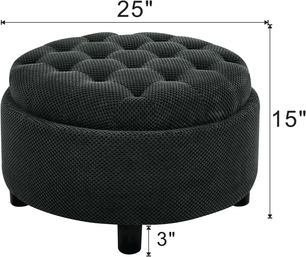 25'' Round Storage Ottoman with Reversible Tray Lid, Tufted Footrest Stool with Hidden Storage, Couch Side Table for Low Tea (Black)