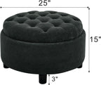 25'' Round Storage Ottoman with Reversible Tray Lid, Tufted Footrest Stool with Hidden Storage, Couch Side Table for Low Tea (Black)