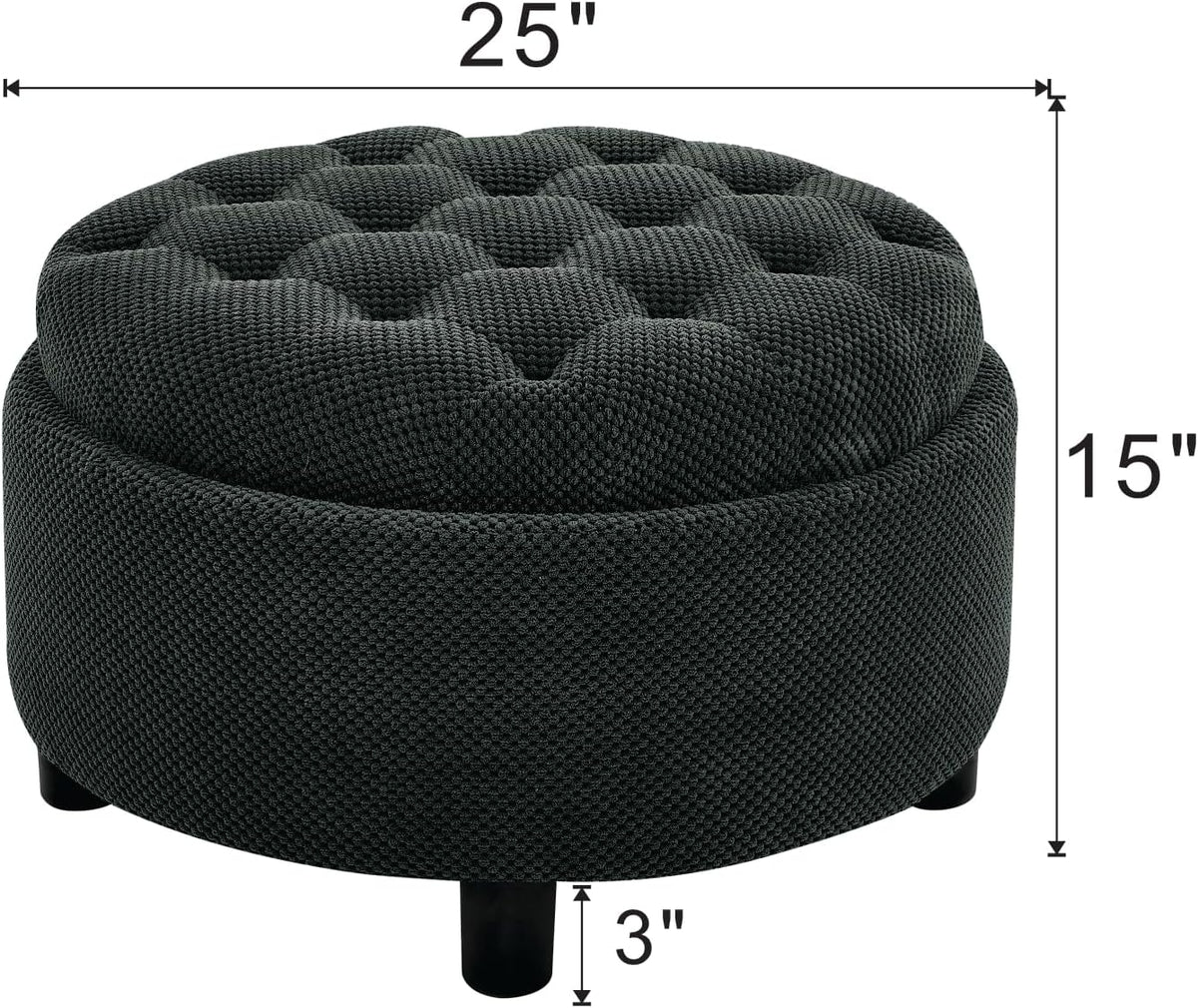 25'' Round Storage Ottoman with Reversible Tray Lid, Tufted Footrest Stool with Hidden Storage, Couch Side Table for Low Tea (Black)