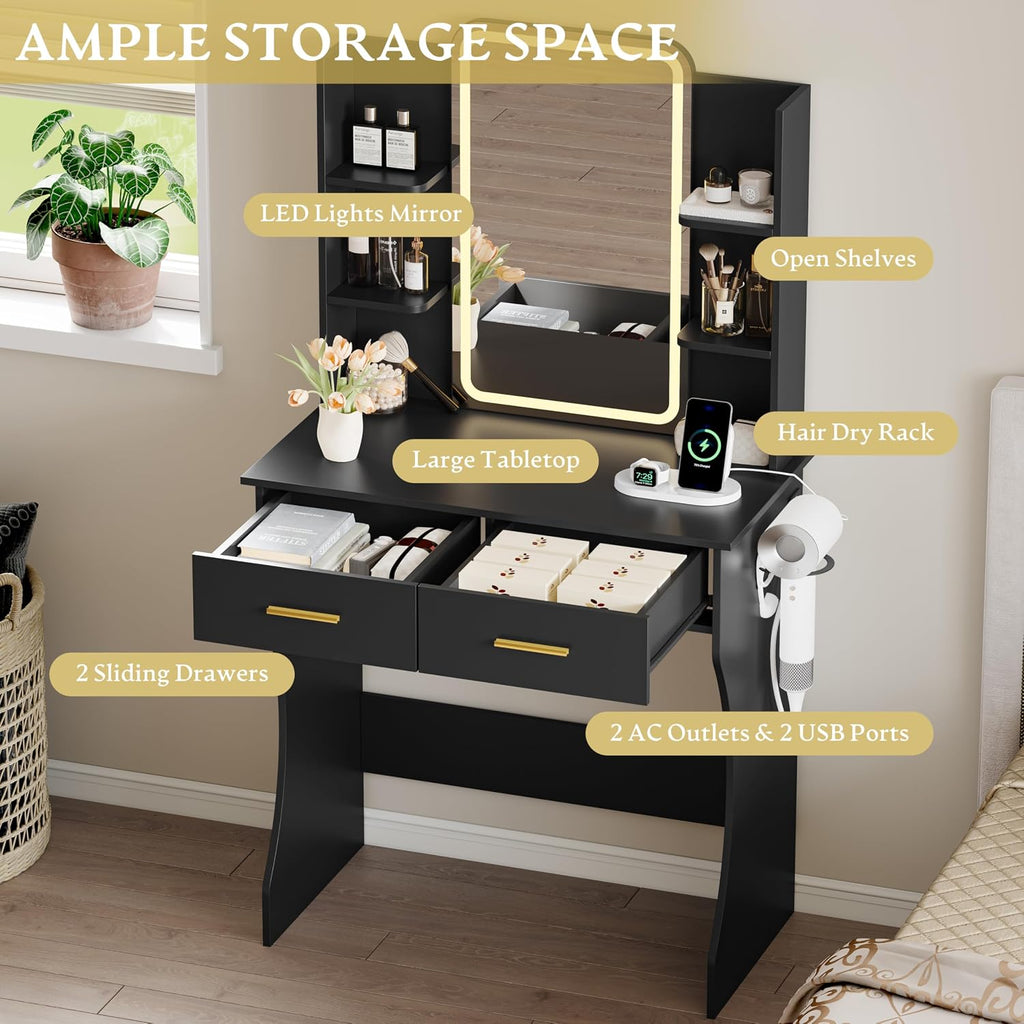 Xixini Vanity Desk with LED Lights Mirror & Power Outlet, Small Makeup Vanity Table Set with Storage Drawers, 3 Lighting Modes & Adjustable Brightness, Dressing Table for Women Girls Bedroom, Black