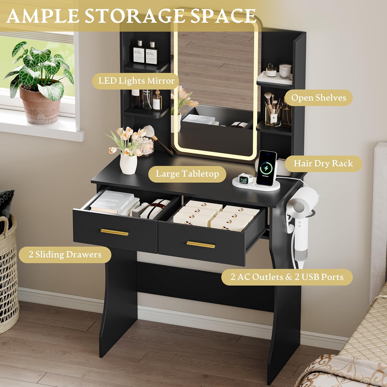 Xixini Vanity Desk with LED Lights Mirror & Power Outlet, Small Makeup Vanity Table Set with Storage Drawers, 3 Lighting Modes & Adjustable Brightness, Dressing Table for Women Girls Bedroom, Black