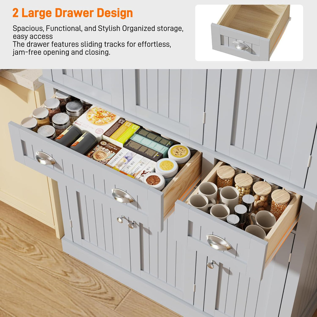 71" Tall Kitchen Cabinet Pantry Storage,Modern Kitchen Hutch Cabinet with Doors and Adjustable Shelves,Large Freestanding Food Pantry with 2 Drawer for Dining Room, Living Room, Hallway,Grey
