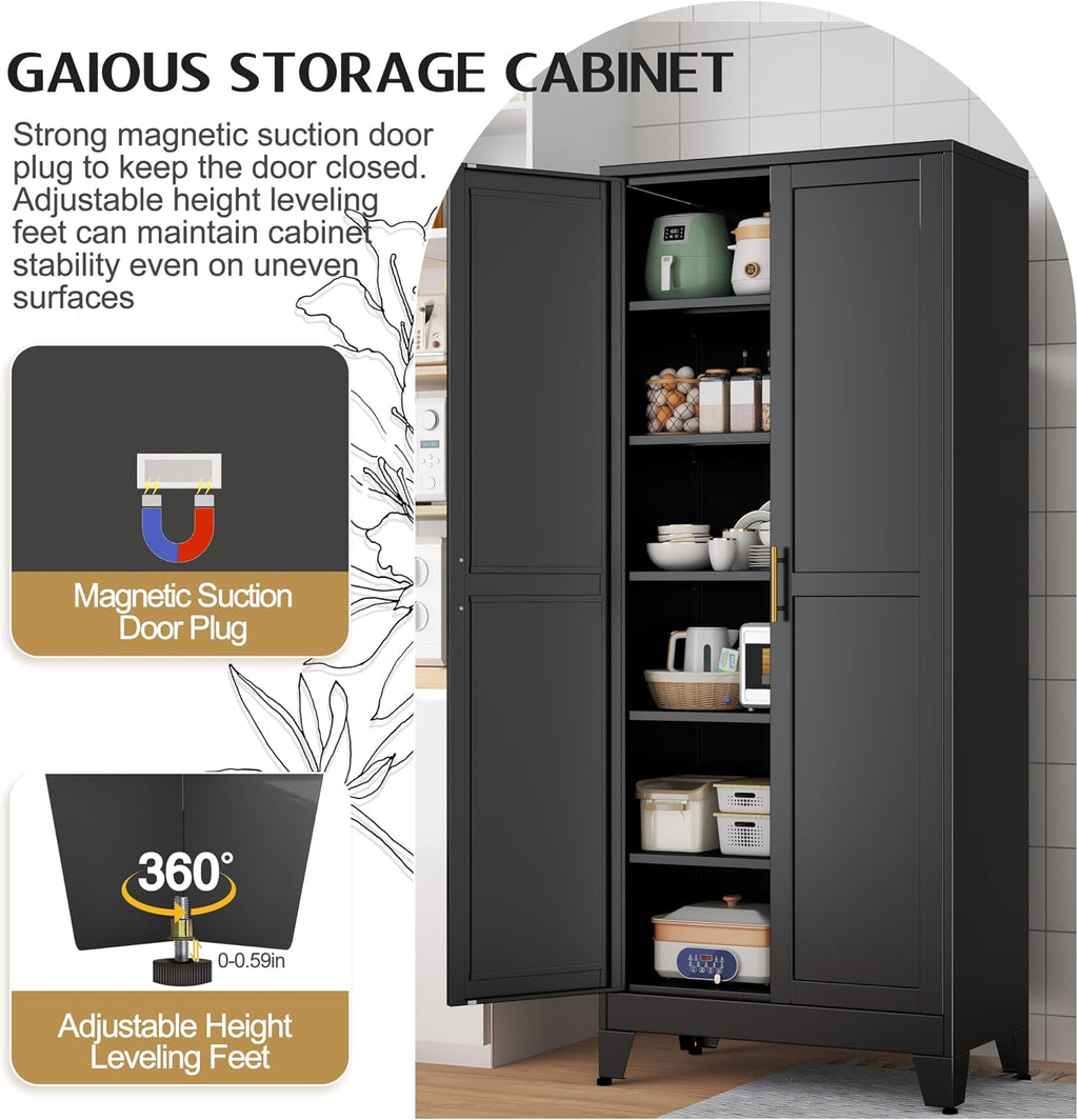 GAIOUS 75.2" Tall Storage Cabinet,Metal Pantry Storage Cabinets with 2 Door | and 5 Adjustable Shelves, Black Kitchen Food Cabinet, Metal Utility Cabinets for Kitchen, Dinning Room, Laundry Room