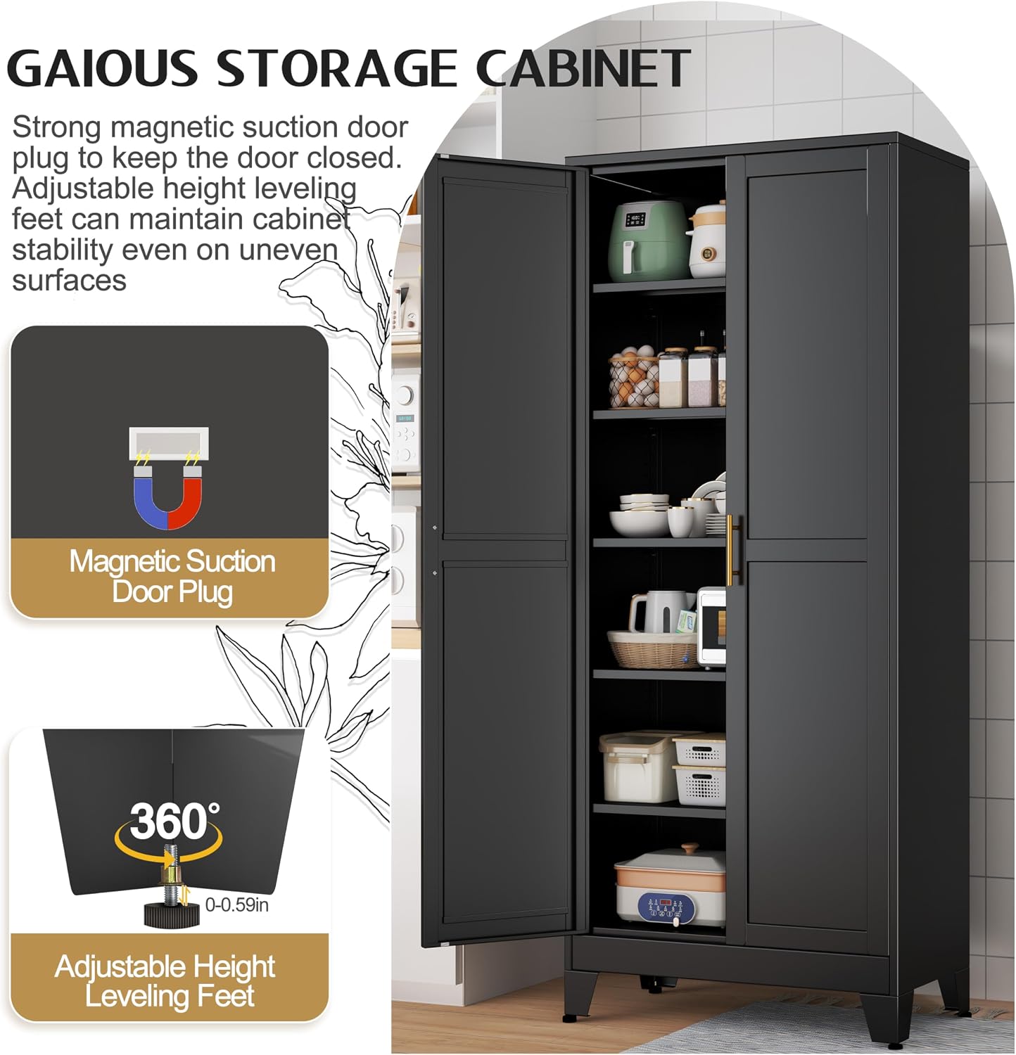 GAIOUS 75.2" Tall Storage Cabinet,Metal Pantry Storage Cabinets with 2 Door | and 5 Adjustable Shelves, Black Kitchen Food Cabinet, Metal Utility Cabinets for Kitchen, Dinning Room, Laundry Room