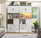 Kitchen Pantry Storage Cabinet with LED Lights and Power Strip, Tall Farmhouse Kitchen Pantry with Barn Doors and Drawers, Adjustable Shelves for Dining Living Room (White)