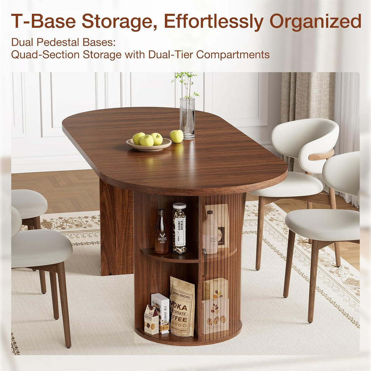 HOMMPA Oval Dining Table with Dual Side Storage 70.8" Modern Kitchen Table for 4 6 Person Farmhouse Table with Wood Strip Doors Wooden Round Dinner Tables for Kitchen Dining Room Living Room Walnut