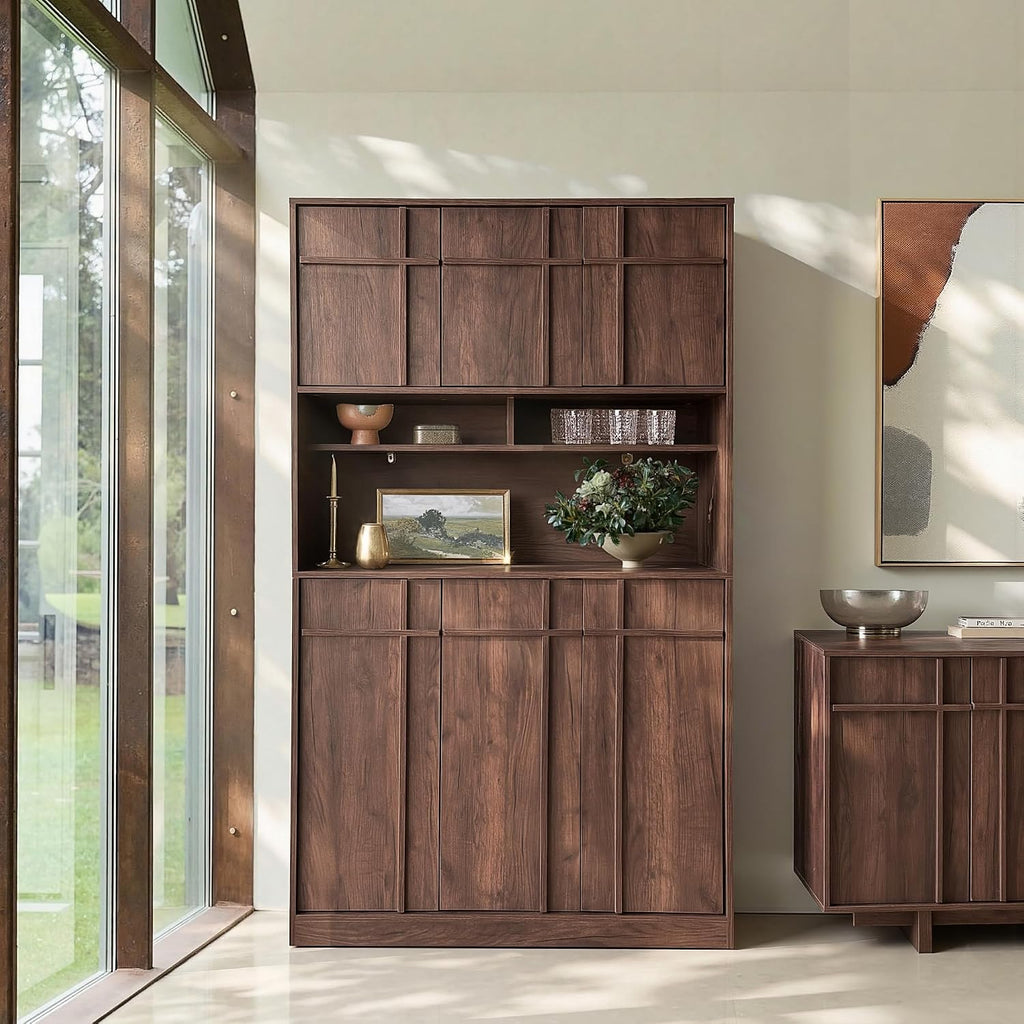 72" Pantry Cabinet, Tall Kitchen Pantry Storage Cabinet with Countertop, Adjustable Shelves, Mid Century Modern Wooden Kitchen Hutch with Skeleton Lines for Living Room, Dining Room, Walnut