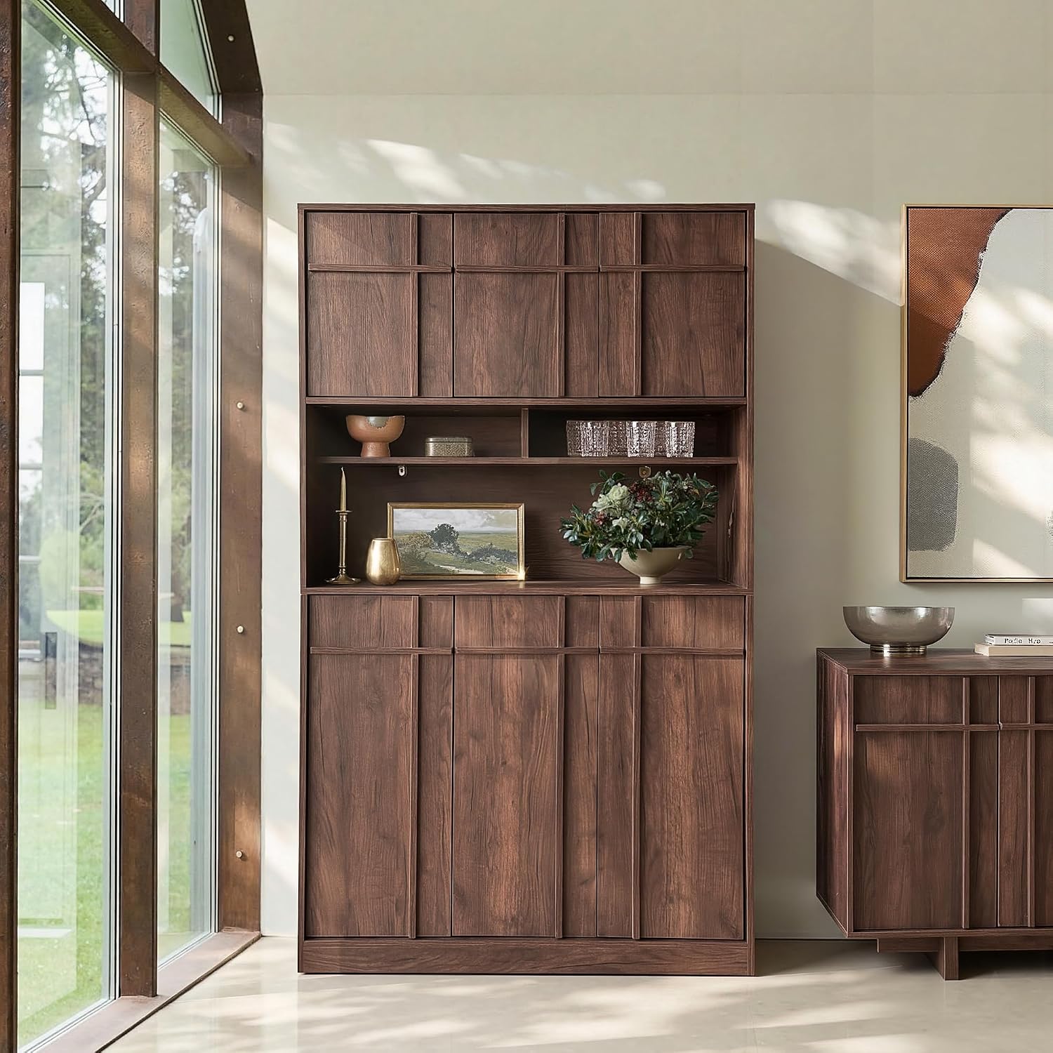 72" Pantry Cabinet, Tall Kitchen Pantry Storage Cabinet with Countertop, Adjustable Shelves, Mid Century Modern Wooden Kitchen Hutch with Skeleton Lines for Living Room, Dining Room, Walnut