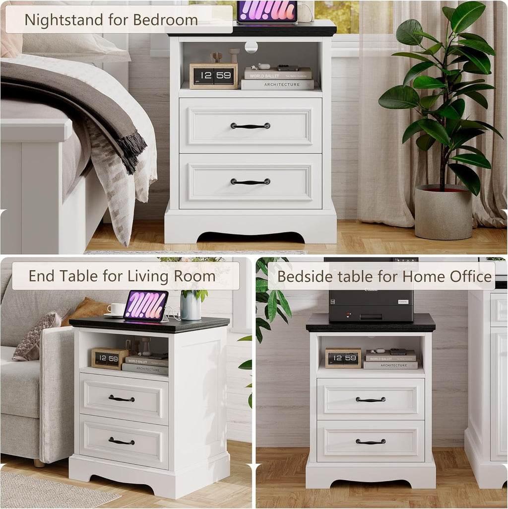 18" Farmhouse Nightstand Set of 2 with Charging Station, White End Table with 2 Drawers Storage, Wood Night Stand Side Table, Modern Bedside Cabinet for Bedroom Living Room, Dresser for Small Place