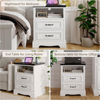 18" Farmhouse Nightstand Set of 2 with Charging Station, White End Table with 2 Drawers Storage, Wood Night Stand Side Table, Modern Bedside Cabinet for Bedroom Living Room, Dresser for Small Place
