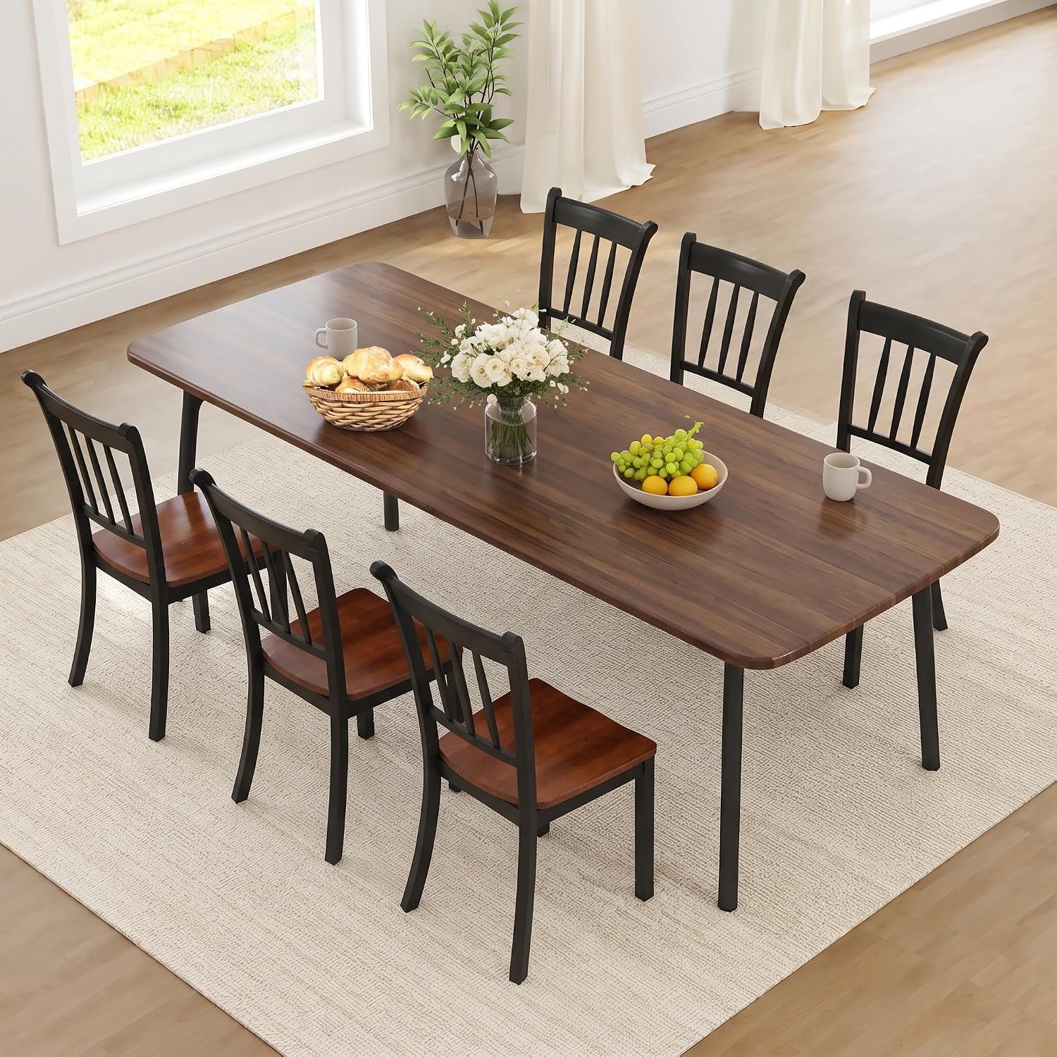POWERSTONE Dining Chairs Set of 6, Rubberwood Kitchen Chairs, Black | Farmhouse Dining Chairs with W-Shaped Seat & Spindle High Back for Dining Room, Cafe, Canteen