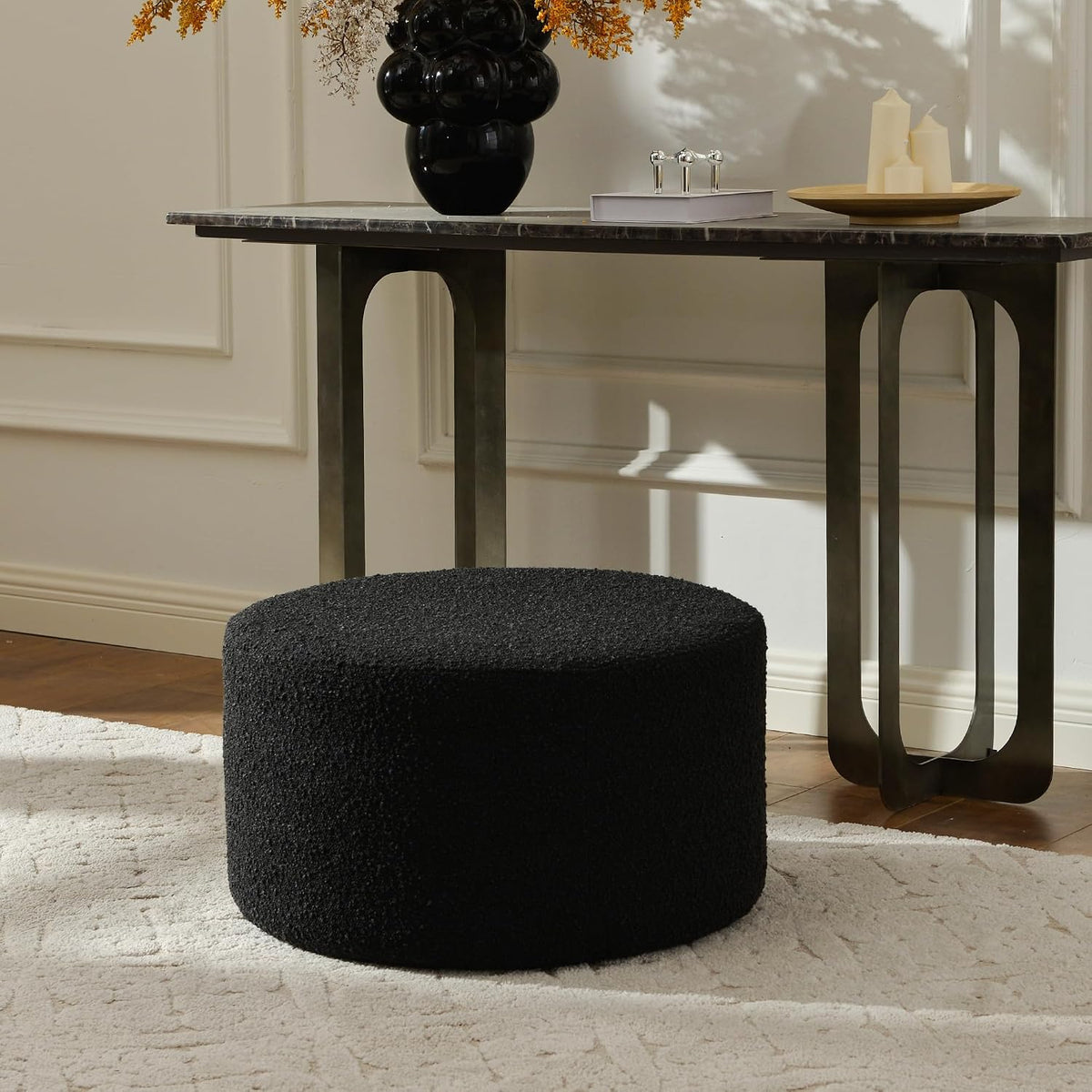 KINWELL Modern Round Boucle Ottoman (24" D x 24" W x 13" H) | Upholstered Multi-Functional Sofa Footrest, Side Table, Extra Seating for Living Room, Bedroom, Entryway