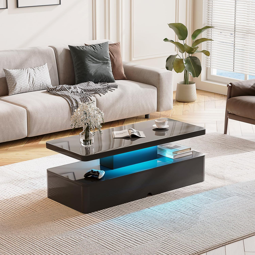 MXV Modern Coffee Table, 40 Inches Coffee Tables with 16 Colors LED Lights, 2 Tier Rectangular Center Table, Large Storage Space, High Glossy Wooden Tea Table for Living Room, Bedroom, Office, Black