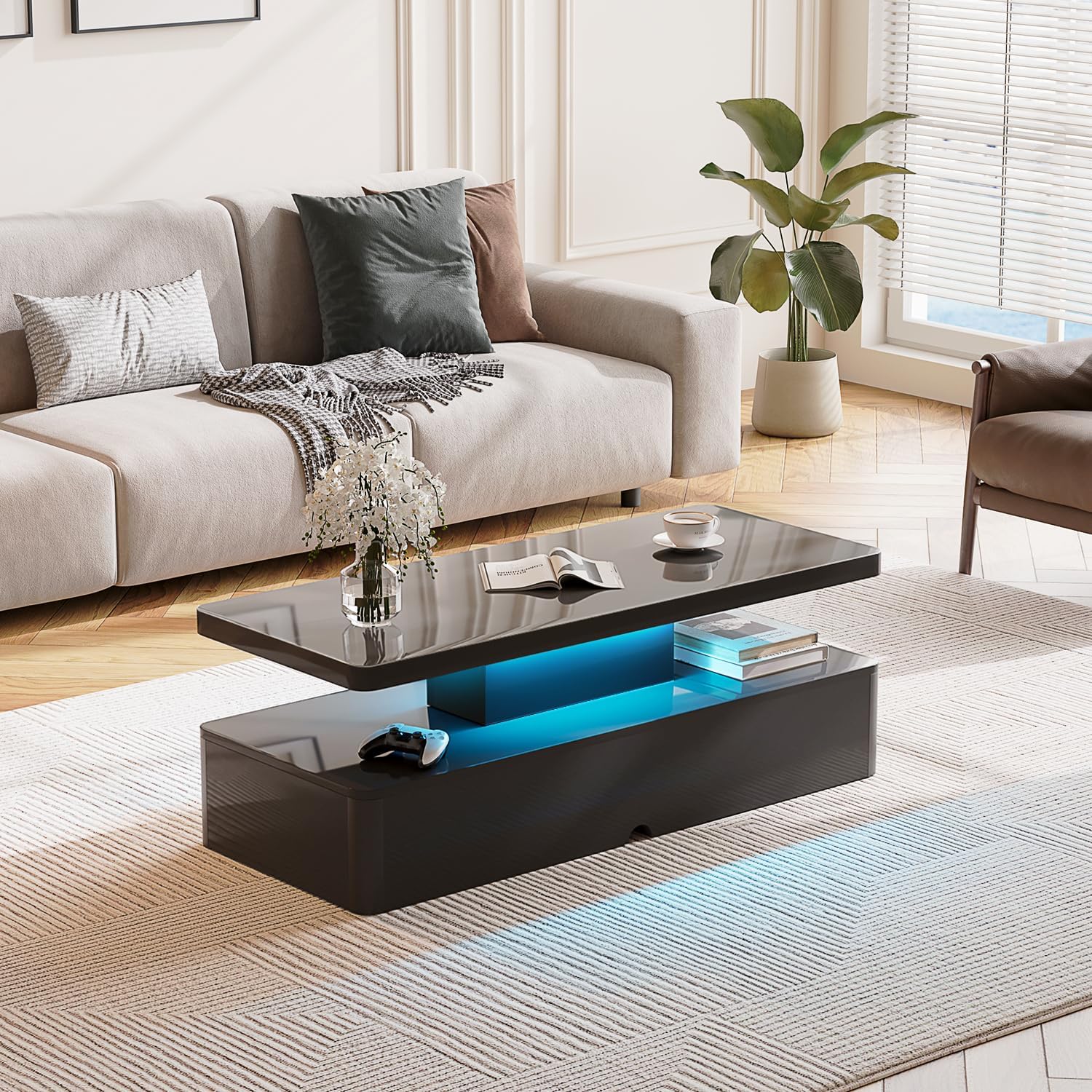 MXV Modern Coffee Table, 40 Inches Coffee Tables with 16 Colors LED Lights, 2 Tier Rectangular Center Table, Large Storage Space, High Glossy Wooden Tea Table for Living Room, Bedroom, Office, Black