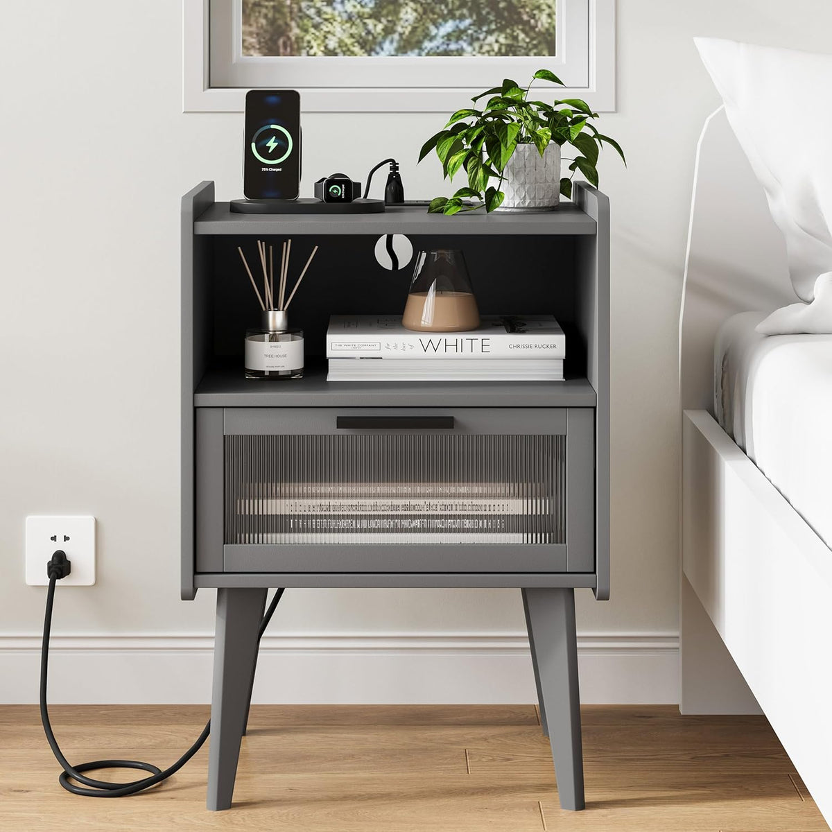 MMEOLUOOK Nightstand with Charging Station, Bedside Tables Set of 2, End Table Side Table with 2 Tiers Storage Space, for Bedroom, Living Room, Grey MLBZ07ZEV-2