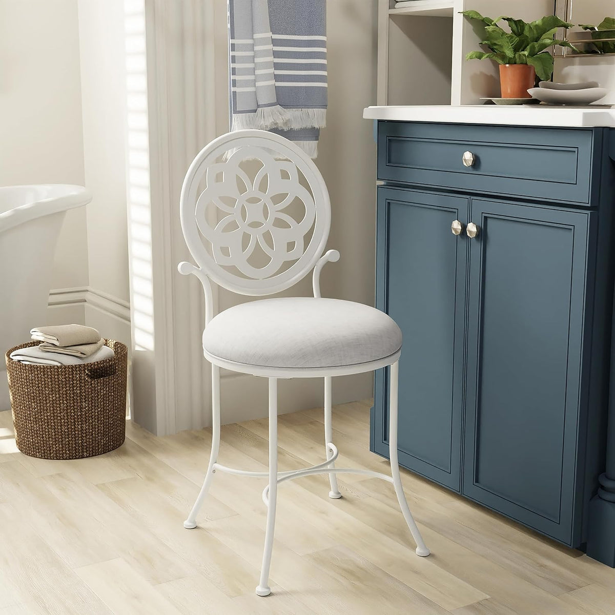 Hillsdale Marsala Metal Vanity Stool with a Circular Geometric Back Design, Off White