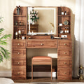 Arulvmrn 43” Wooden Makeup Vanity Set with Mirror and Lighted,Modern Vanity Desk with 9 Drawers,Storage Shelves, and Padded Seat, Dressing Table for Bedroom, Dorm, or Home Beauty Station,Brown