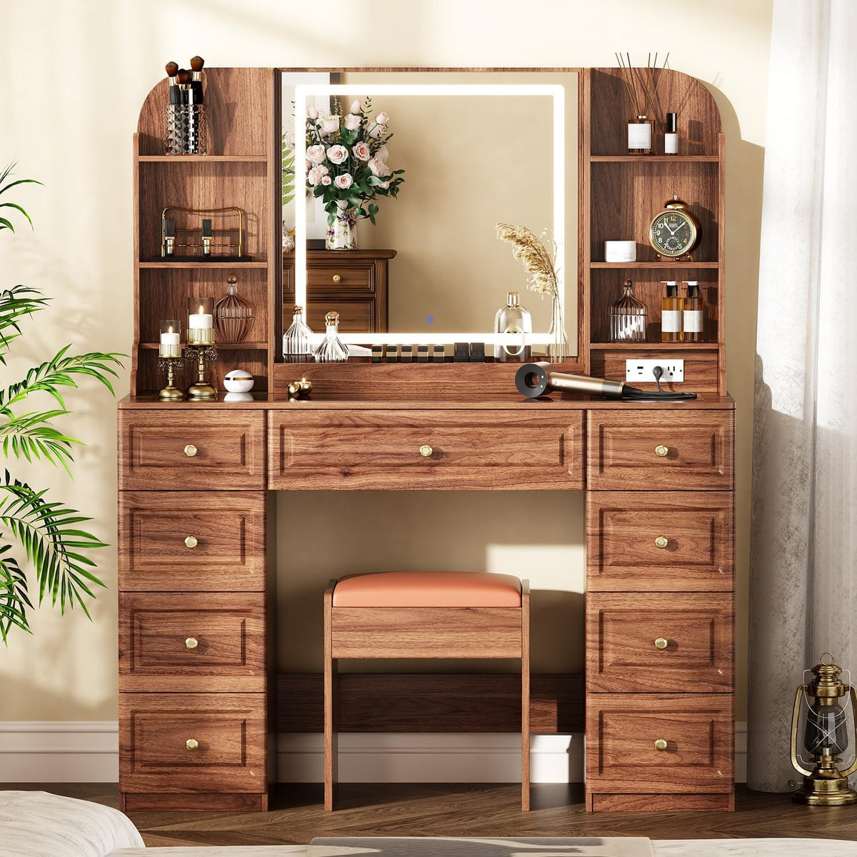 Arulvmrn 43” Wooden Makeup Vanity Set with Mirror and Lighted,Modern Vanity Desk with 9 Drawers,Storage Shelves, and Padded Seat, Dressing Table for Bedroom, Dorm, or Home Beauty Station,Brown