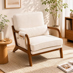 1 PCS Accent Chair for Living Room, Mid-Century Modern Armchair with Solid Wood Frame and Side Pocket, Upholstered Reading Chair for Bedroom, Small Spaces, Apartment, Beige