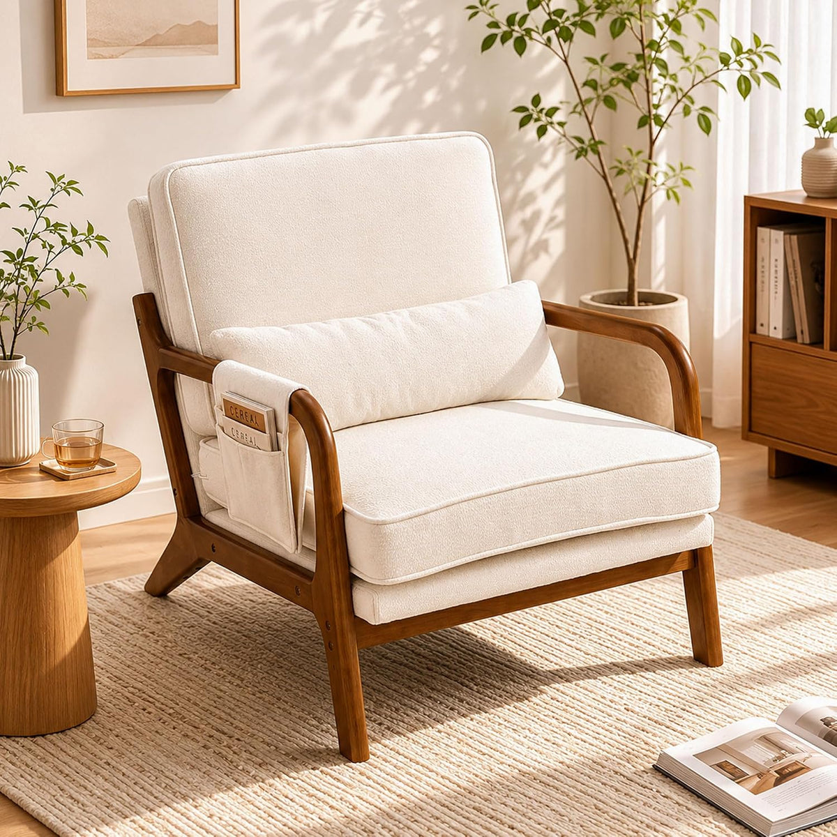 1 PCS Accent Chair for Living Room, Mid-Century Modern Armchair with Solid Wood Frame and Side Pocket, Upholstered Reading Chair for Bedroom, Small Spaces, Apartment, Beige