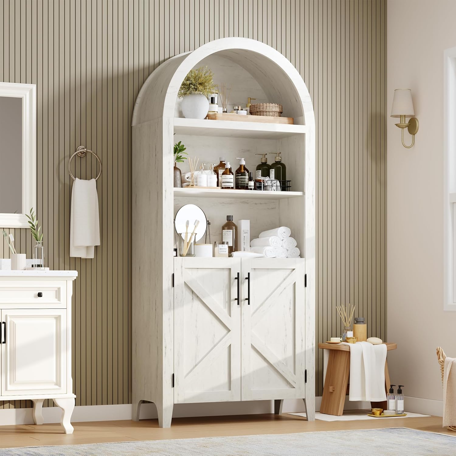 Garvee Arched Cabinet with Doors, 5-Tier Kitchen Pantry Cabinet with Adjustable Shelves, Wooden Open Farmhouse Storage Organizer for Kitchen, Dining Room, Living Room, Home Office, White