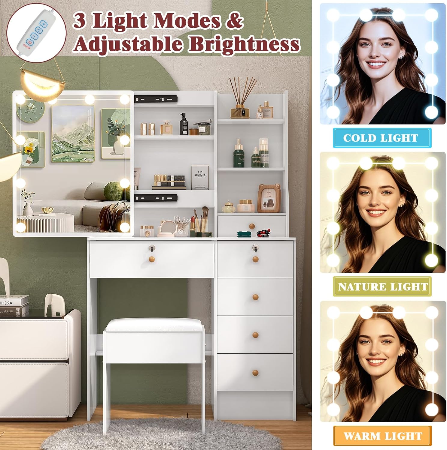 Umeiga Small Vanity Desk with Mirror and Lights, 32" Makeup Vanity Table with Sliding Mirror, Drawers and Chair, Hollywood Vanity with 3 Modes Stick-ON LED Lights, H1906