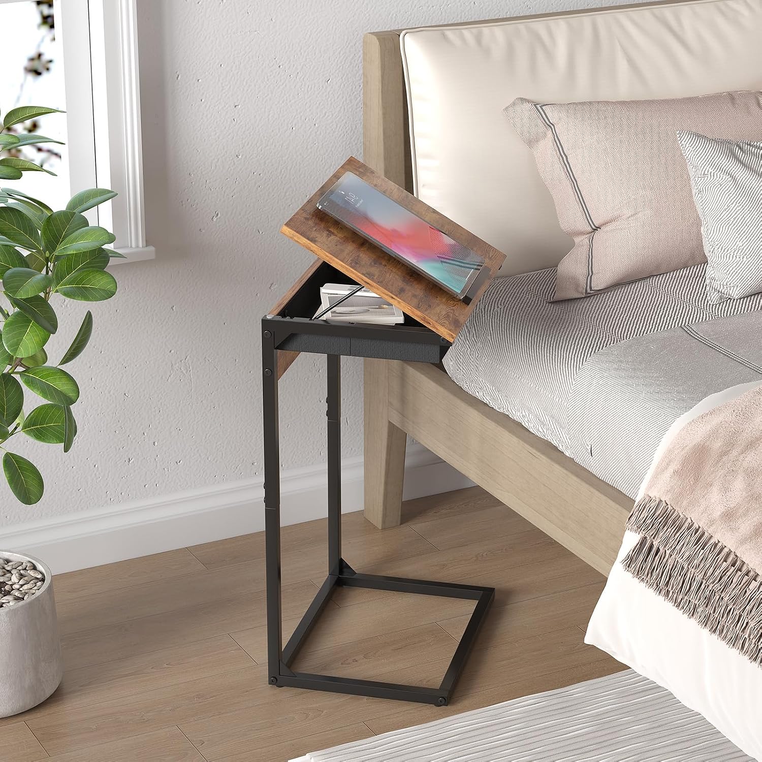 sthmec C Shaped End Table with Charging Station,45° Tiltable Adjustable Flip Top Side Table Set of 2,Small C Table Set 2 for Small Spaces,Slide Under Couch Sofa Bedside Table Living Room,Rustic Brown