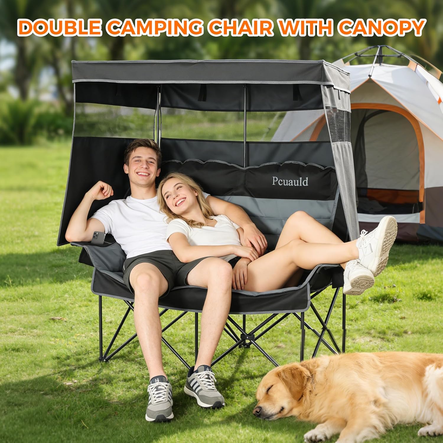 Double Camping Chair with Canopy Heavy Duty 2 Person Folding Loveseat Beach Chair with Shade High Back Oversized Outdoor Camping Couch with Cup Holders & Wine Racks for Lawn, Fishing, Sports